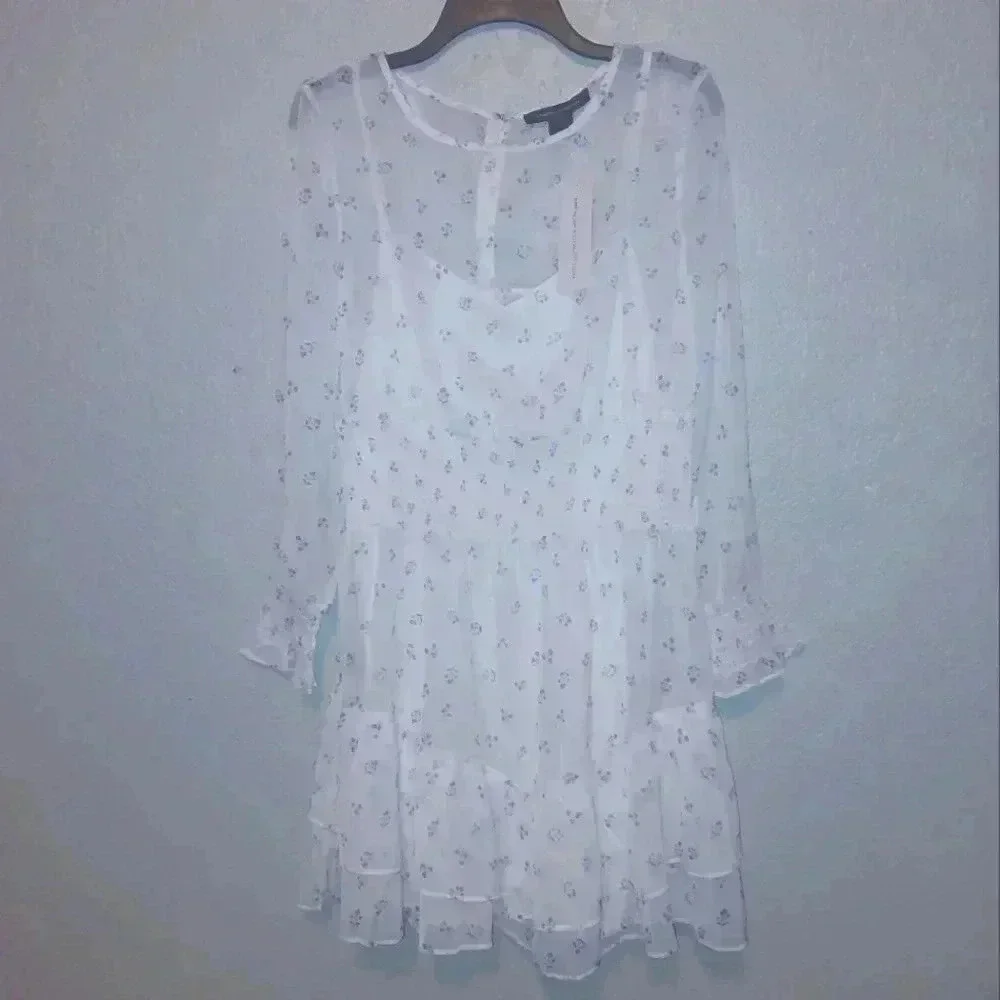 French Connection Cecilia Hallie Recycled Polyester Crinkle Ruffle Mini Dress L - Picture 4 of 13